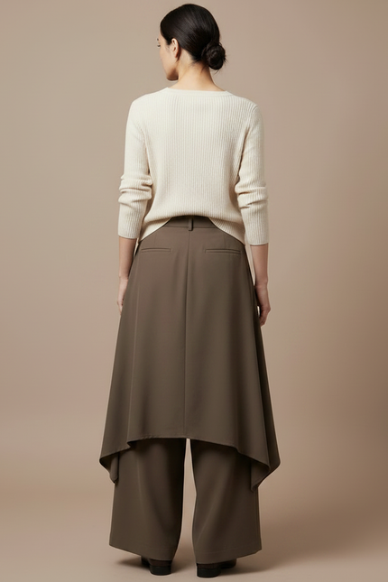 Pantalon Japonais Marron Asymétrique Fluide Élégant - Kaki Polyester - vue 2
