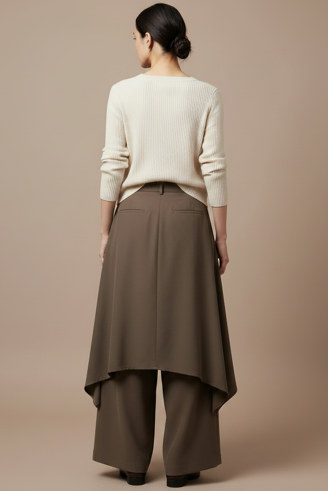 Pantalon Japonais Marron Asymétrique Fluide Élégant - Kaki Polyester - vue 2