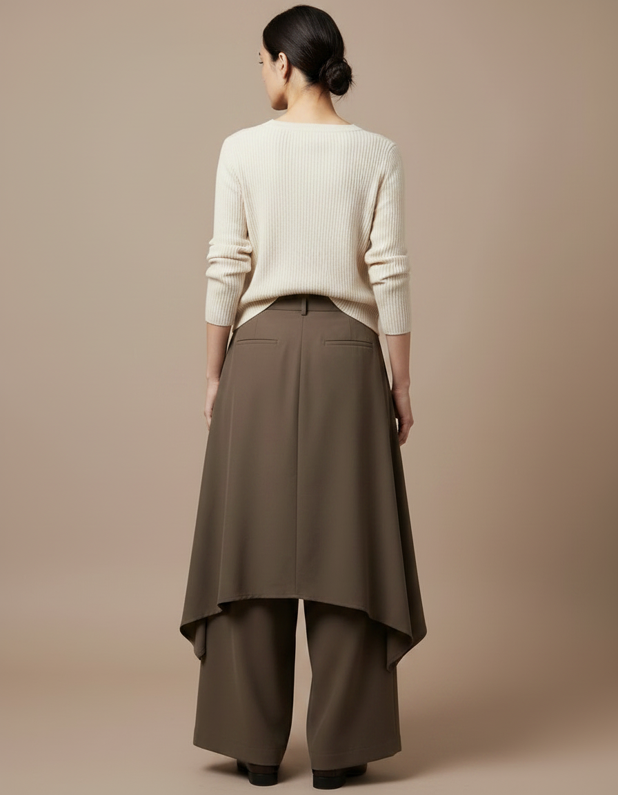 Pantalon Japonais Marron Asymétrique Fluide Élégant - Kaki Polyester - vue 2
