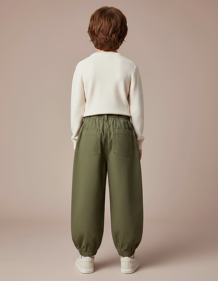 Pantalon Japonais Vert Kaki Ample Coton Élastique - vue 2