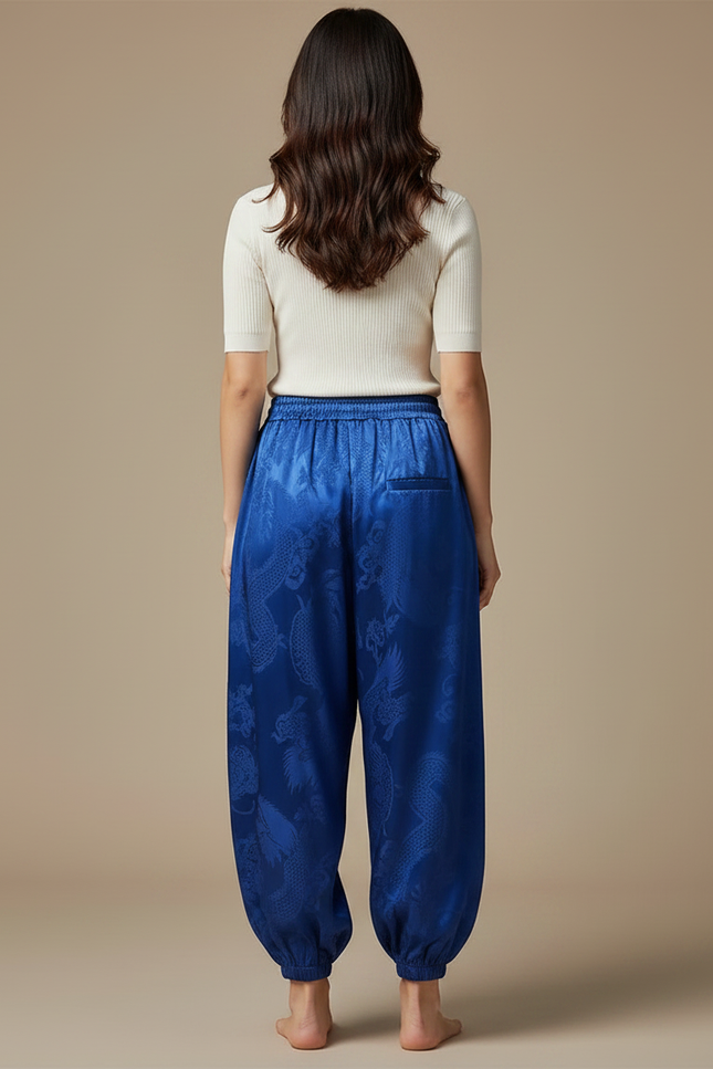 Pantalon Japonais Bleu Soie Dragon Harem Fluide - vue 2