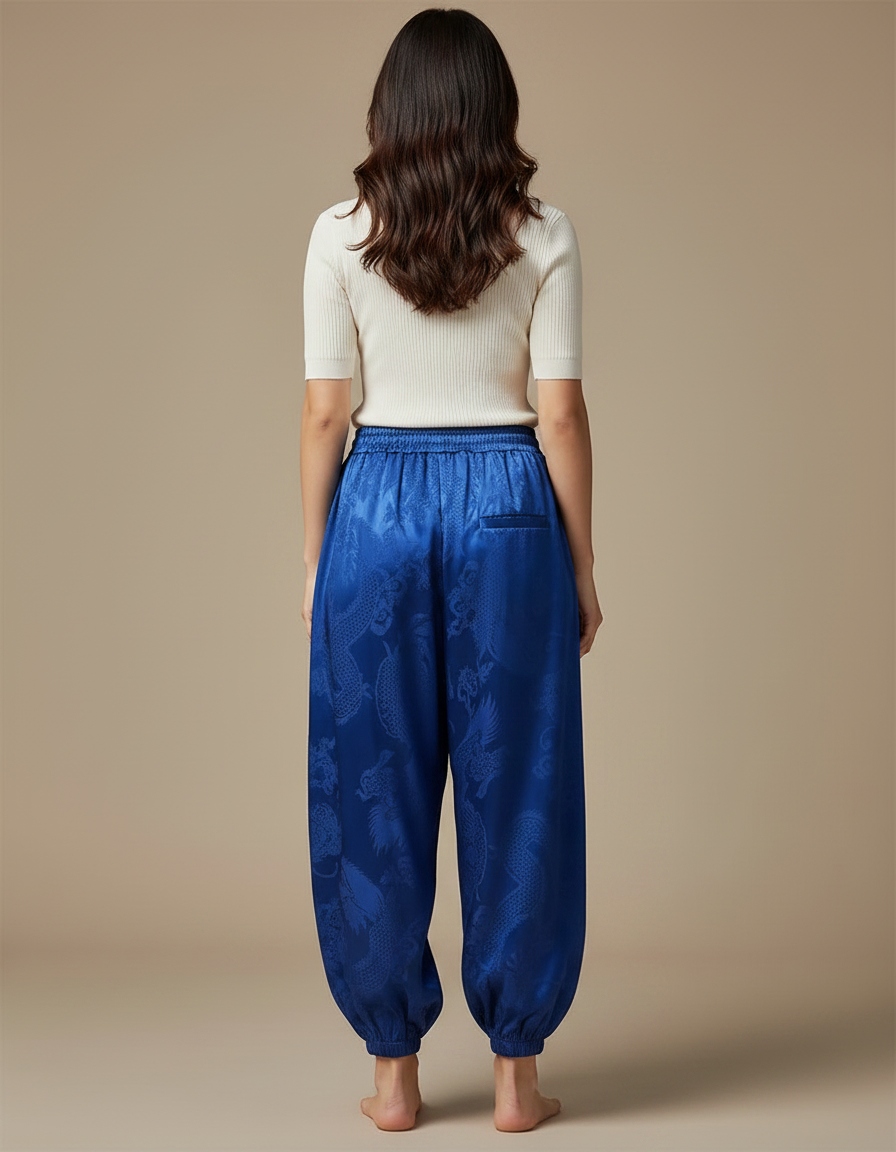 Pantalon Japonais Bleu Soie Dragon Harem Fluide - vue 2