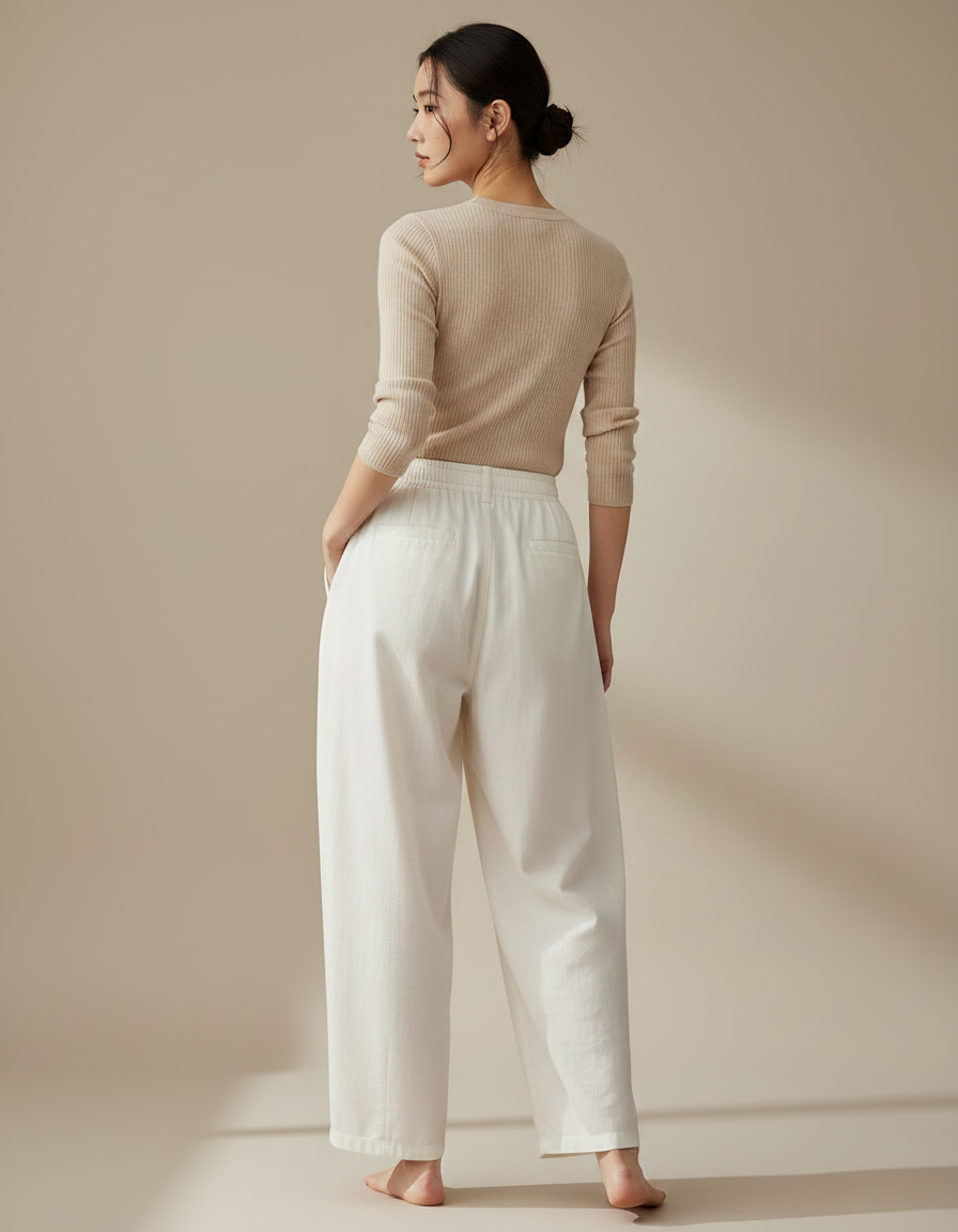Pantalon Japonais Blanc Fluide Ample Décontracté Femme - Toile - vue 2