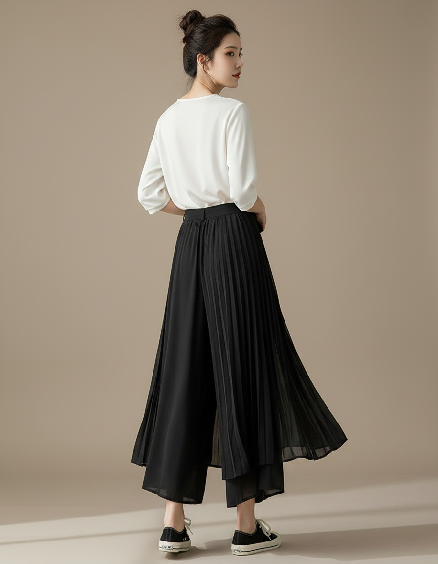 Pantalon Japonais Noir Plissé Fluide Élégant - Polyester - vue 2