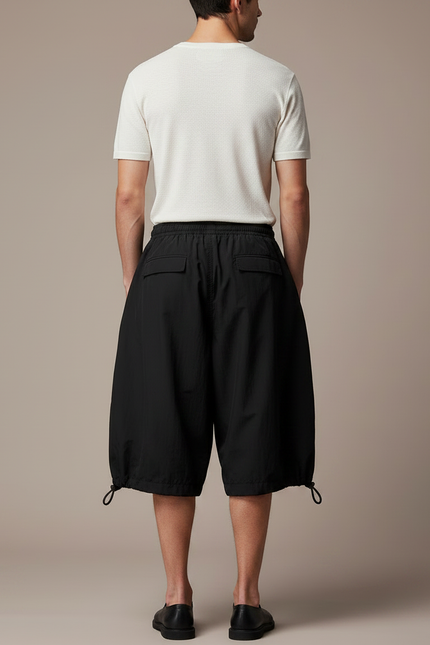 Pantalon Japonais Noir Fluide Ample Court Cordon - Polyester - vue 2