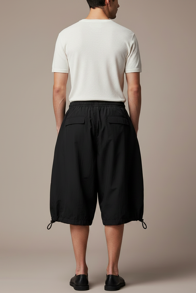 Pantalon Japonais Noir Fluide Ample Court Cordon - Polyester - vue 2