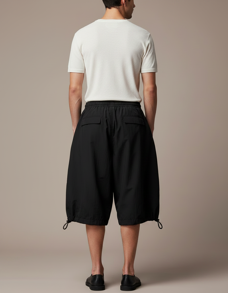 Pantalon Japonais Noir Fluide Ample Court Cordon - Polyester - vue 2