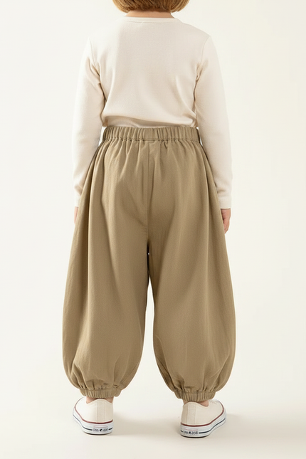 Pantalon Japonais Ample Coton Beige Élastique Enfant - Kaki - vue 2