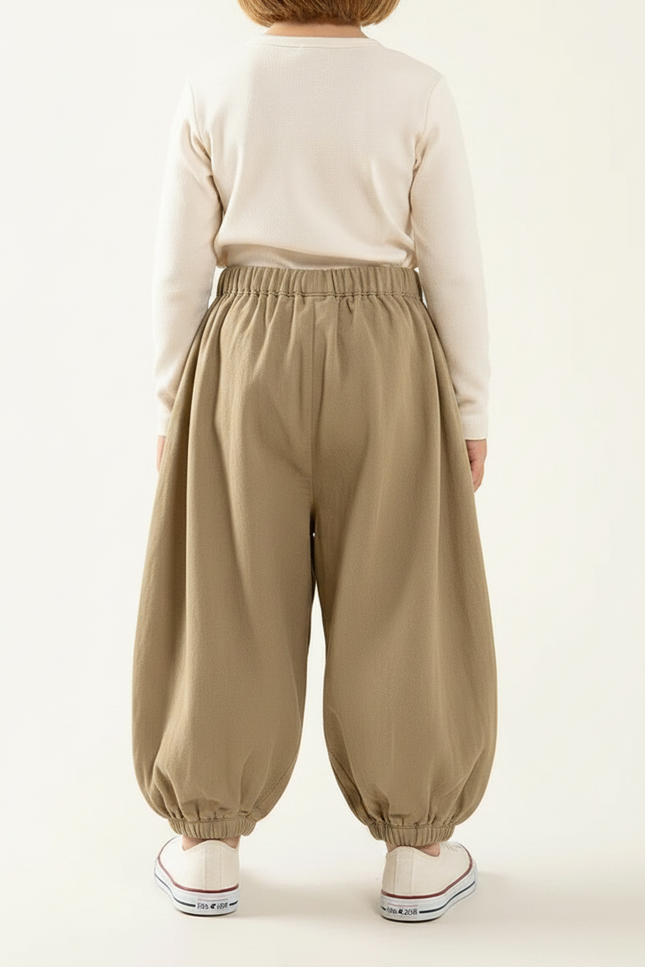 Pantalon Japonais Ample Coton Beige Élastique Enfant - Kaki - vue 2