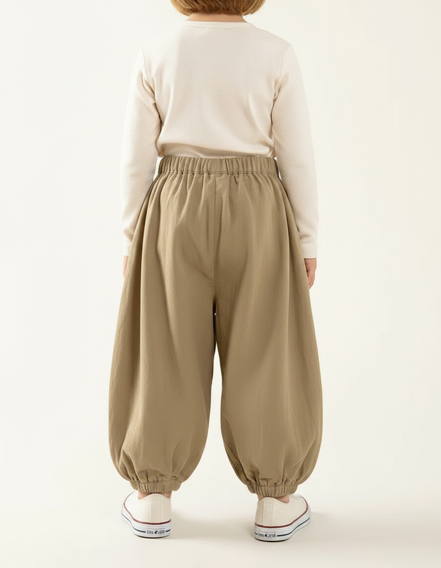 Pantalon Japonais Ample Coton Beige Élastique Enfant - Kaki - vue 2