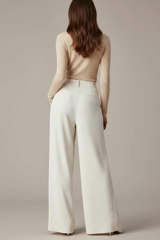 Pantalon Japonais Crème Côtelé Ample Plissé Élégant - Blanc Cordé - vue 2