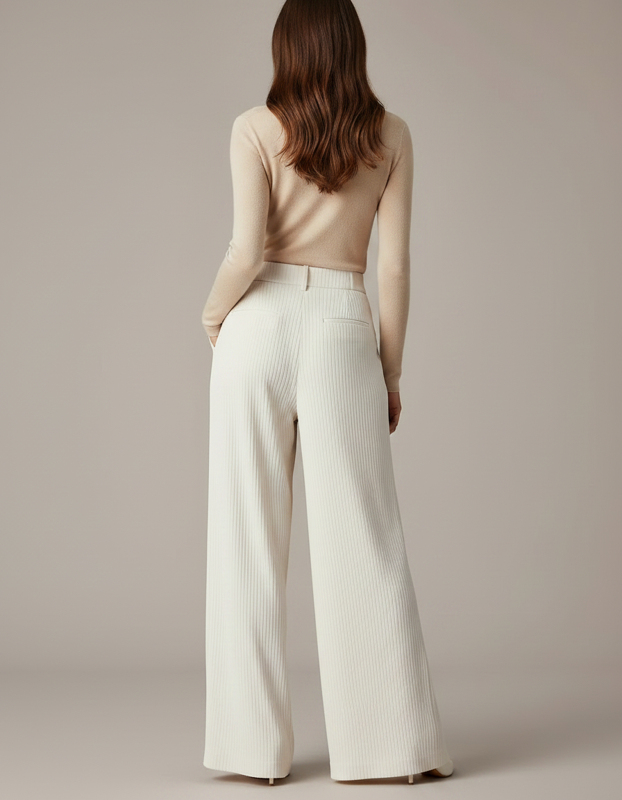 Pantalon Japonais Crème Côtelé Ample Plissé Élégant - Blanc Cordé - vue 2