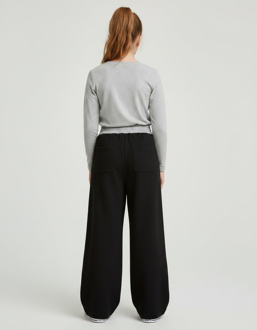 Pantalon Japonais Noir Côtelé Ample Confortable Fille - Cordé - vue 2