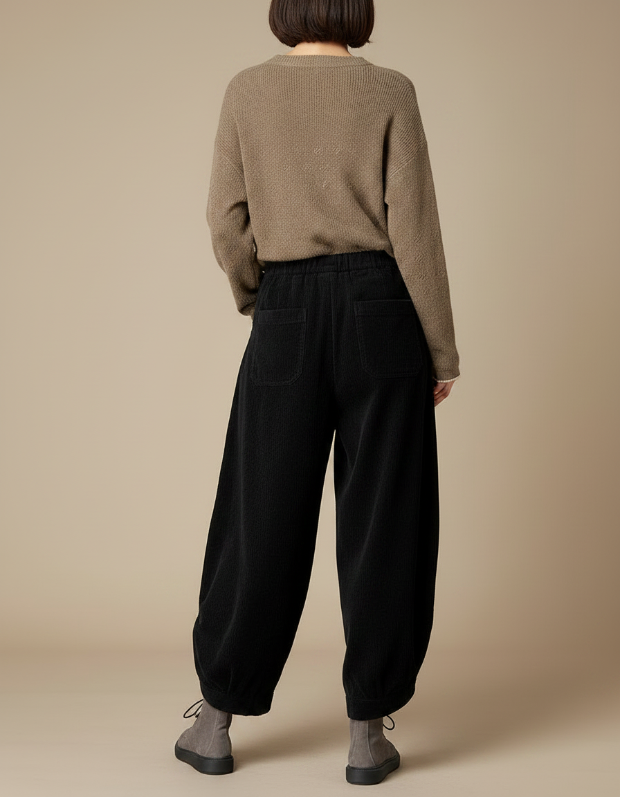 Pantalon Japonais Noir Côtelé Ample Boutons Harem - Cordé - vue 2