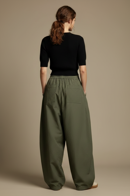Pantalon Japonais Vert Ample Décontracté Fluide Femme - Kaki Toile - vue 2