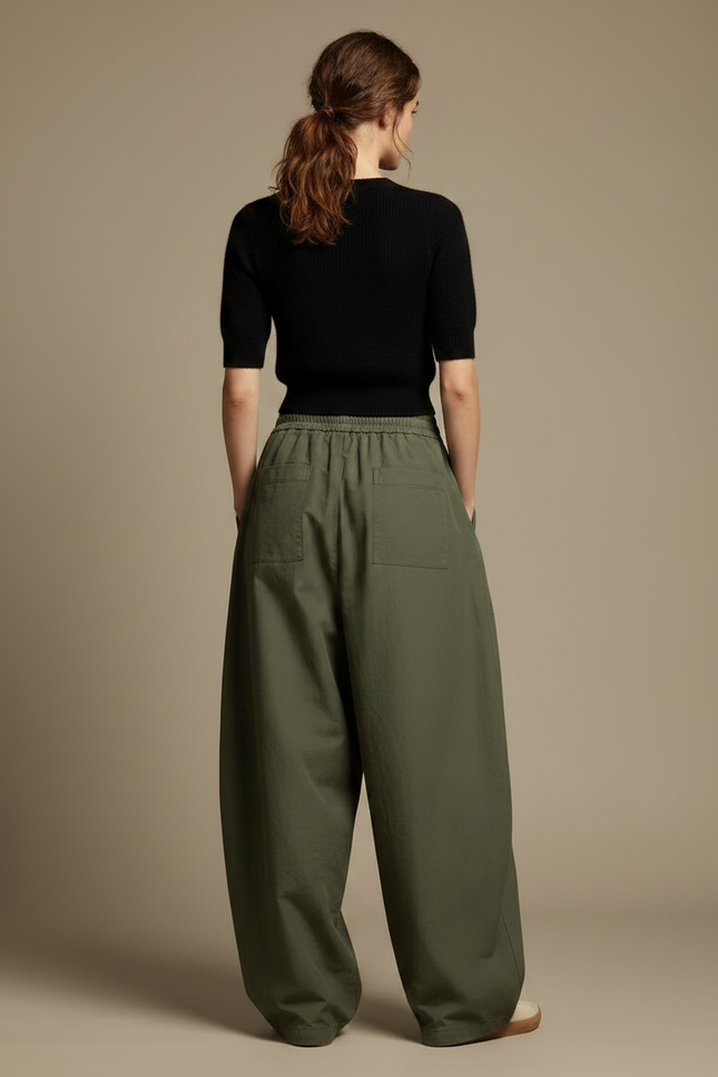 Pantalon Japonais Vert Ample Décontracté Fluide Femme - Kaki Toile - vue 2