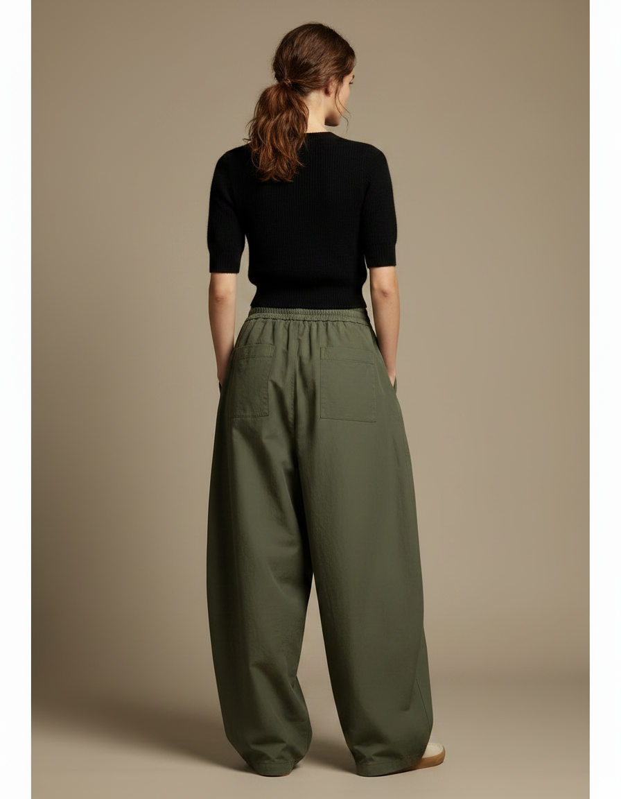Pantalon Japonais Vert Ample Décontracté Fluide Femme - Kaki Toile - vue 2