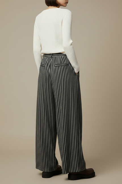 Pantalon Japonais Rayé Ample Taille Haute Noir - Maille - vue 2