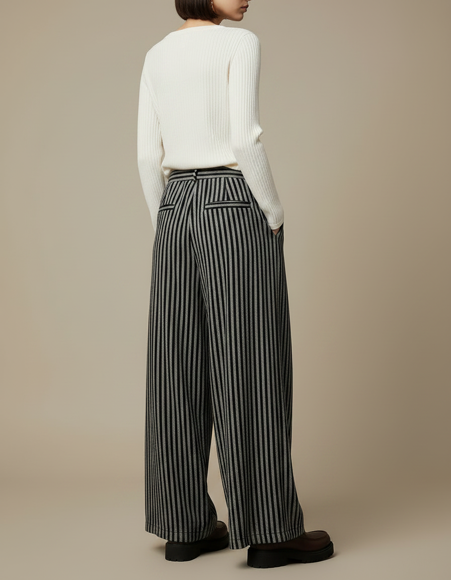 Pantalon Japonais Rayé Ample Taille Haute Noir - Maille - vue 2