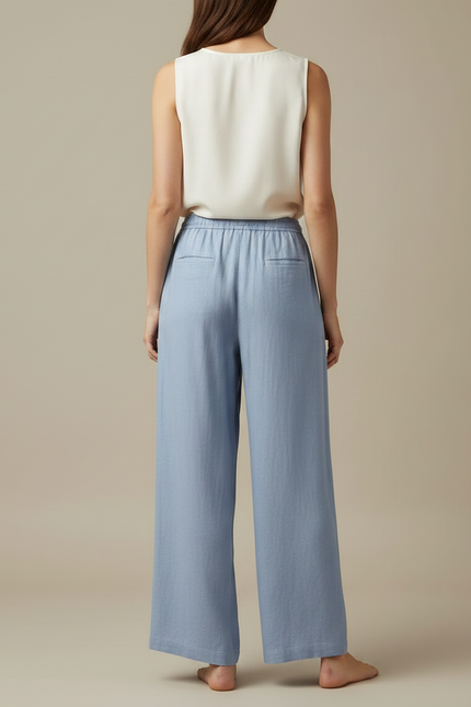 Pantalon Japonais Lin Ample Bleu Décontracté Fluide - vue 2