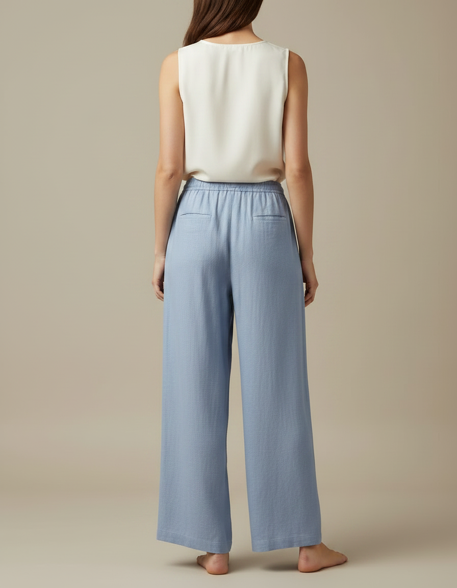 Pantalon Japonais Lin Ample Bleu Décontracté Fluide - vue 2