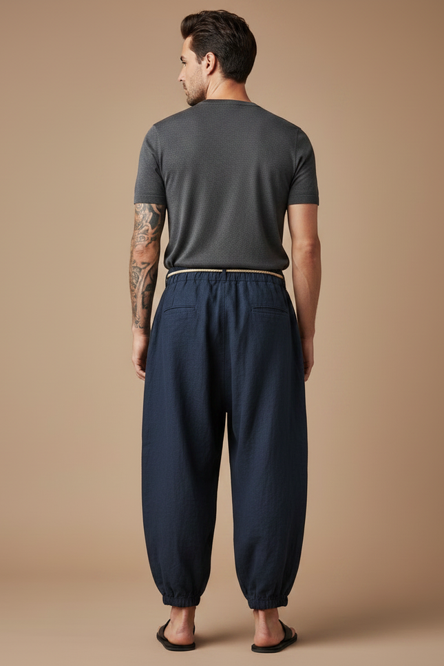 Pantalon Japonais Bleu Marine Ample Coton Lin Décontracté Homme - vue 2