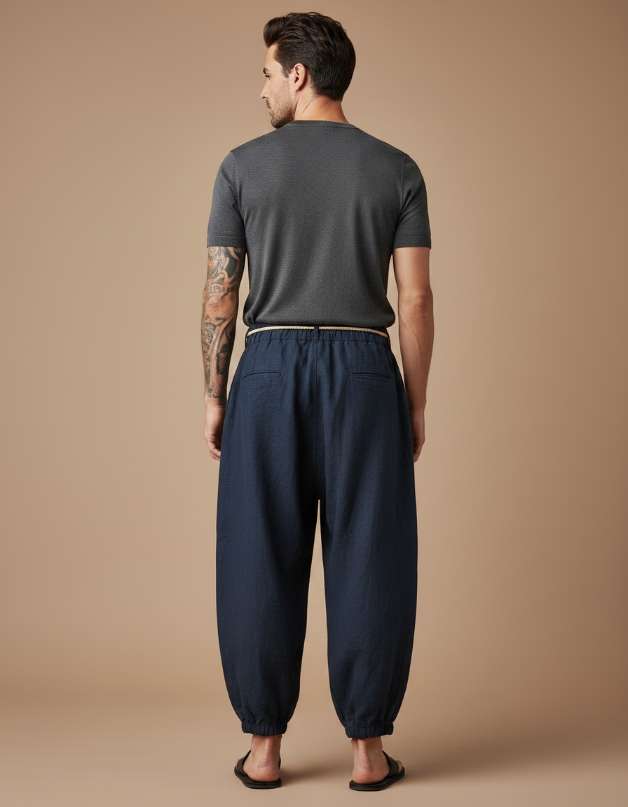 Pantalon Japonais Bleu Marine Ample Coton Lin Décontracté Homme - vue 2