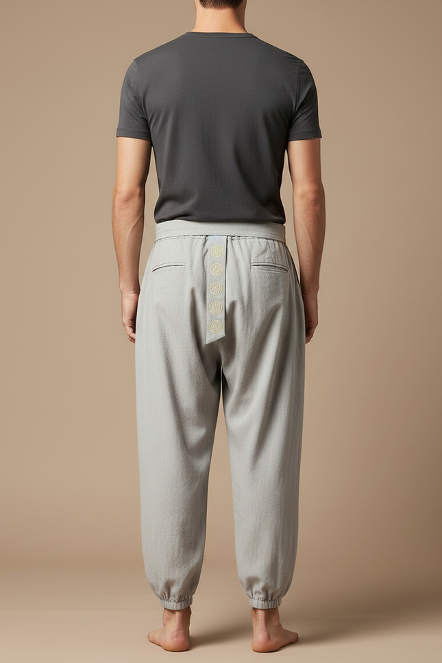 Pantalon Japonais Gris Coton Ample Brodé Ceinturé - Lin - vue 2