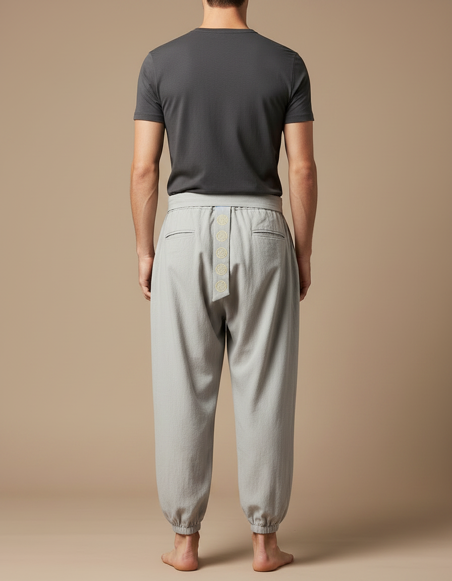 Pantalon Japonais Gris Coton Ample Brodé Ceinturé - Lin - vue 2