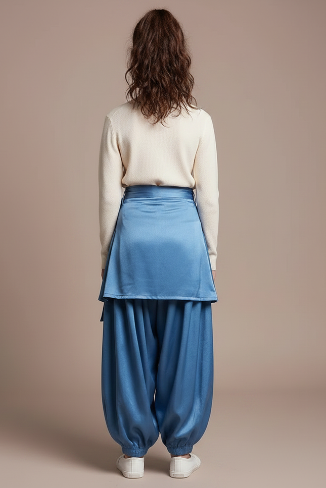 Pantalon Japonais Bleu Satiné Ample Enfant Ceinturé - vue 2