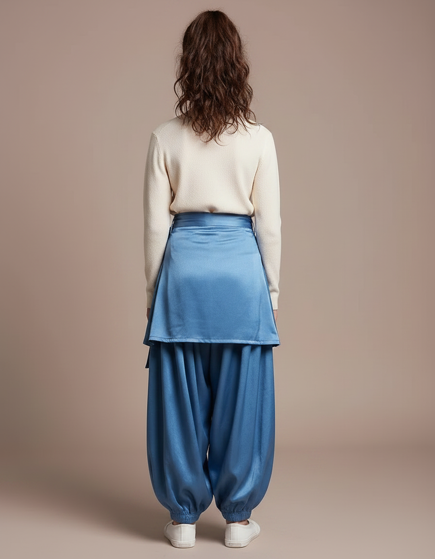 Pantalon Japonais Bleu Satiné Ample Enfant Ceinturé - vue 2