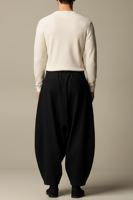 Pantalon Japonais Ample Noir Texturé Unisexe - Lin - vue 2