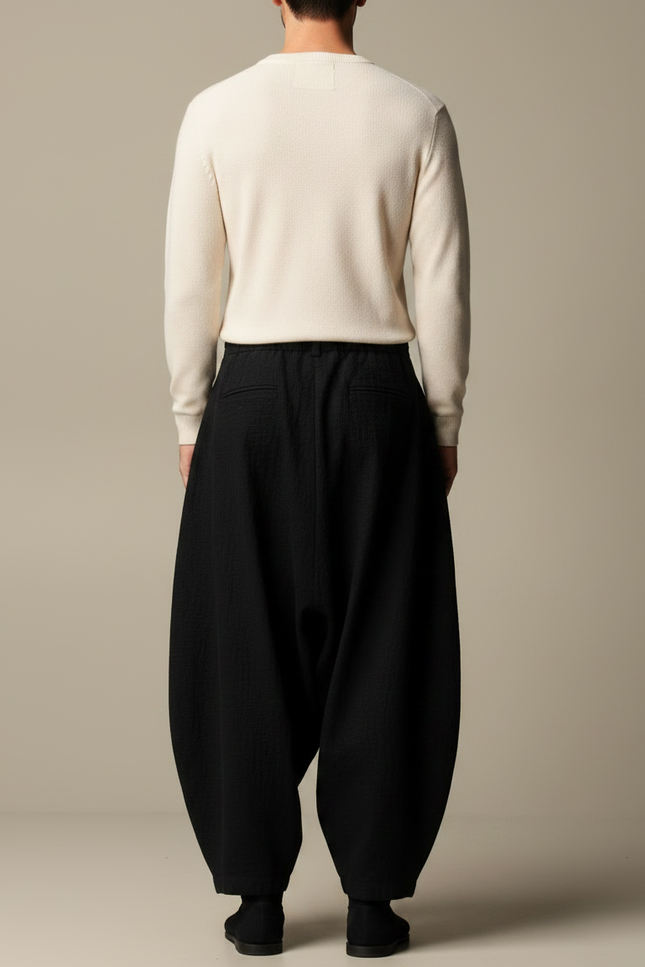 Pantalon Japonais Ample Noir Texturé Unisexe - Lin - vue 2