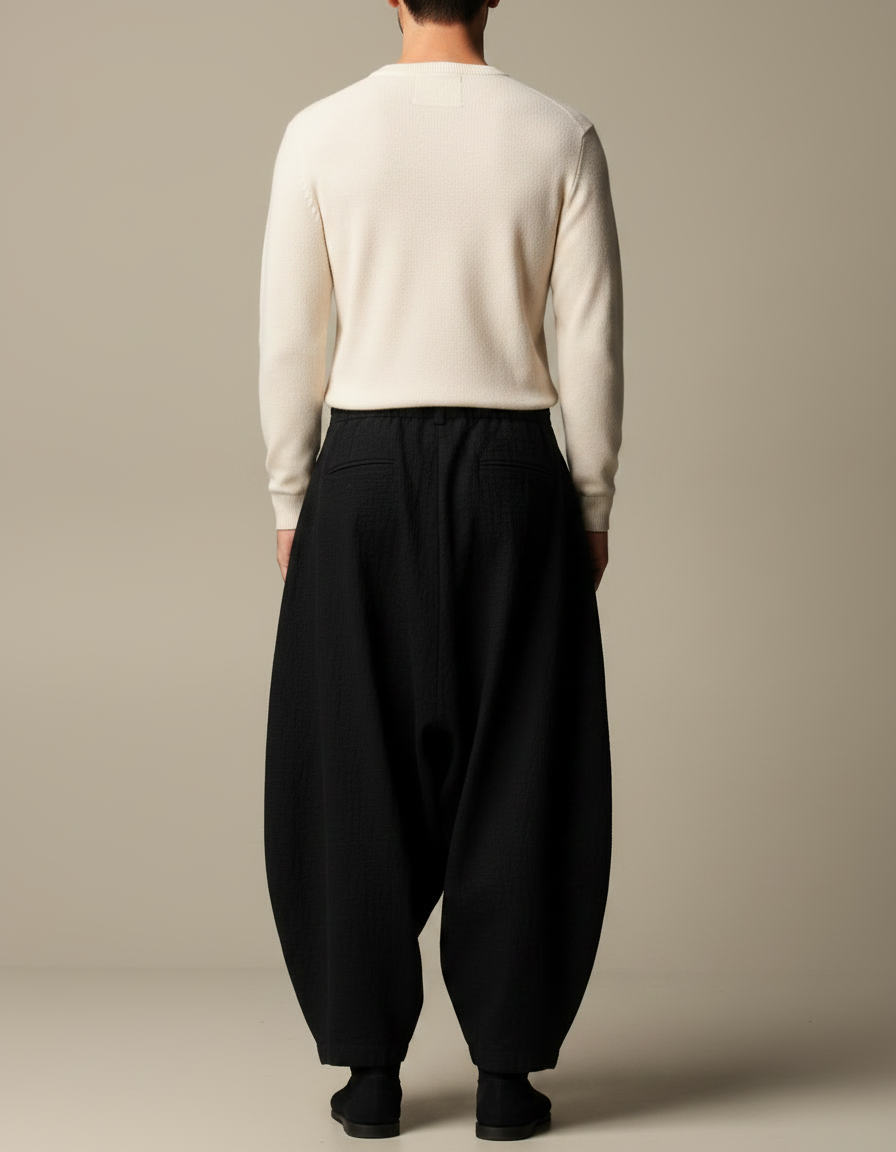 Pantalon Japonais Ample Noir Texturé Unisexe - Lin - vue 2