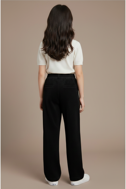 Pantalon Japonais Noir Côtelé Ample Droit Fille - Cordé - vue 2