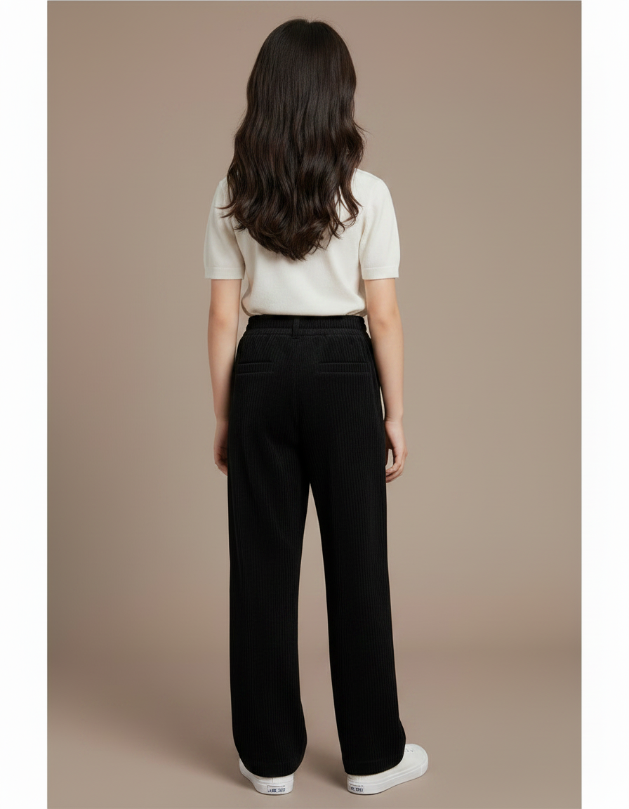 Pantalon Japonais Noir Côtelé Ample Droit Fille - Cordé - vue 2
