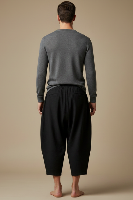 Pantalon Japonais Noir Coton Ample Cropped Homme - vue 2