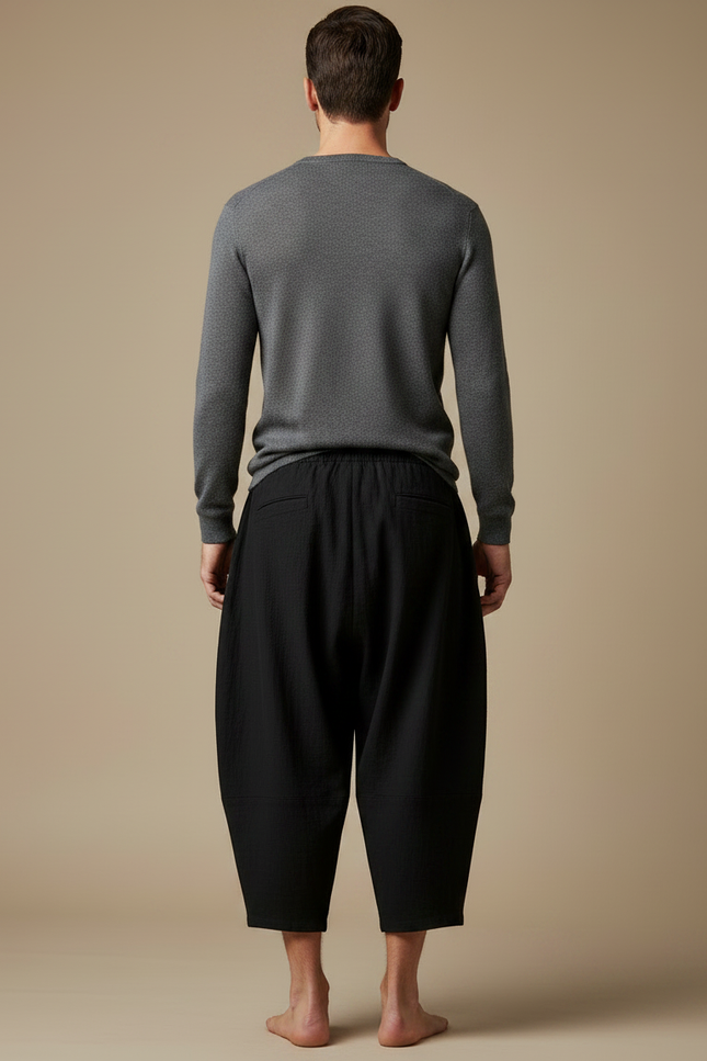 Pantalon Japonais Noir Coton Ample Cropped Homme - vue 2