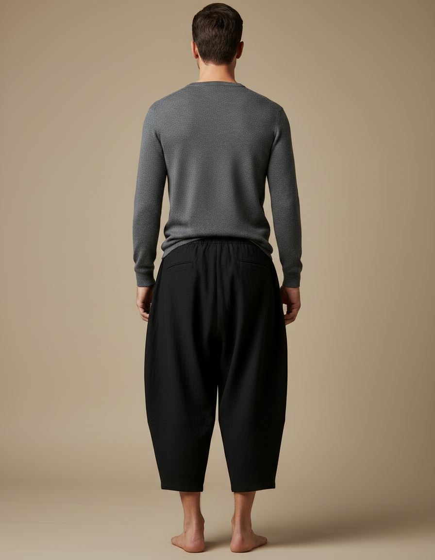 Pantalon Japonais Noir Coton Ample Cropped Homme - vue 2