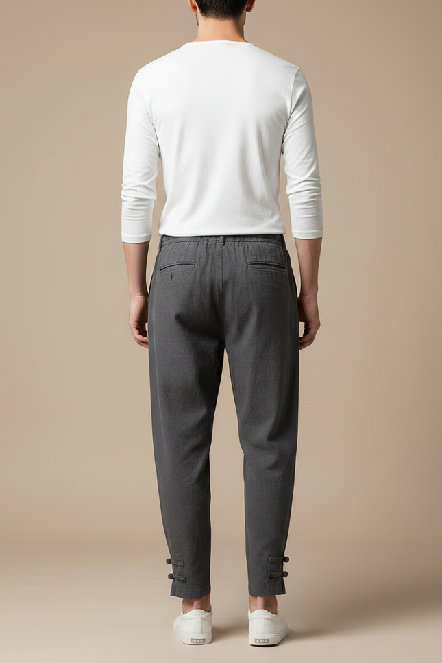 Pantalon Japonais Gris Lin Ample Décontracté Boutons - vue 2