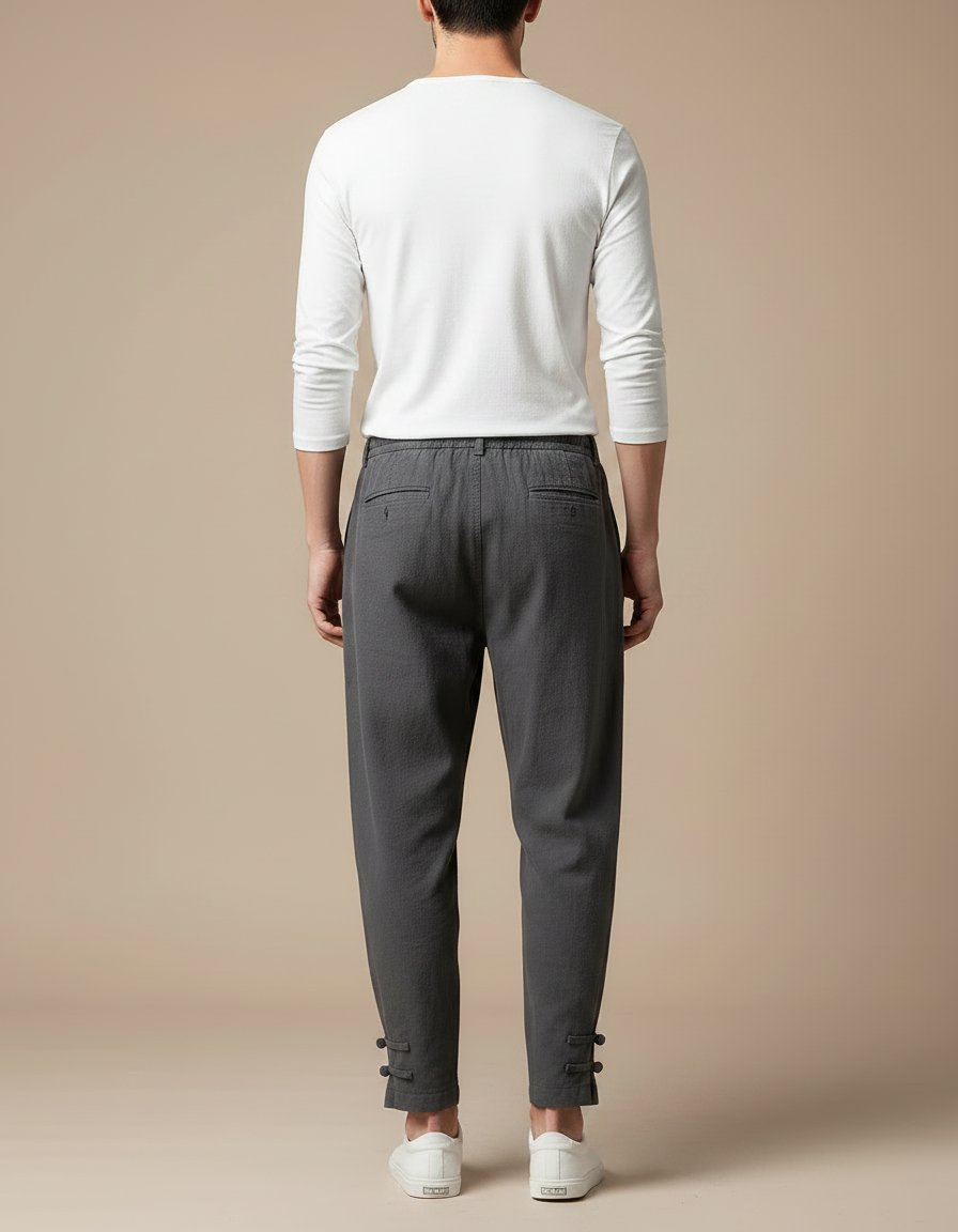 Pantalon Japonais Gris Lin Ample Décontracté Boutons - vue 2
