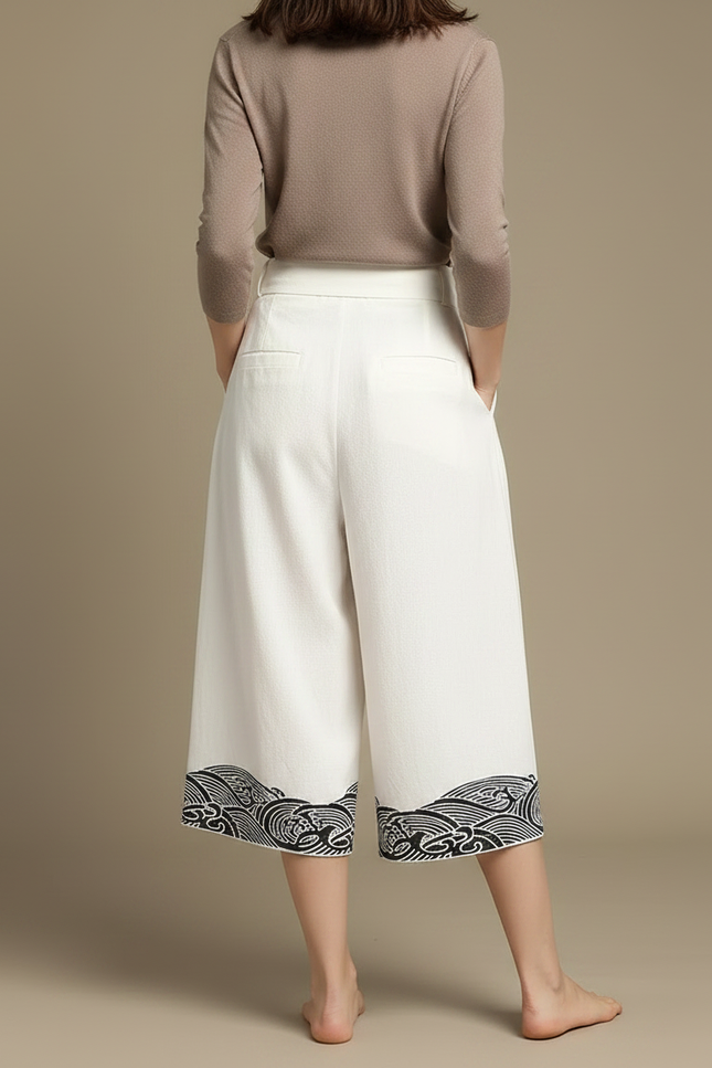 Pantalon Japonais Blanc Ample Lin Brodé Vagues - vue 2