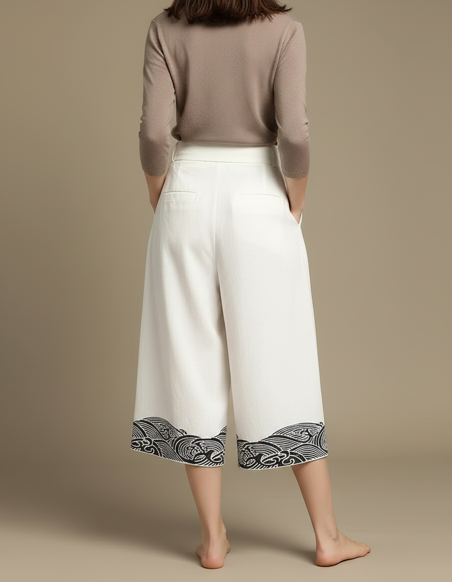 Pantalon Japonais Blanc Ample Lin Brodé Vagues - vue 2