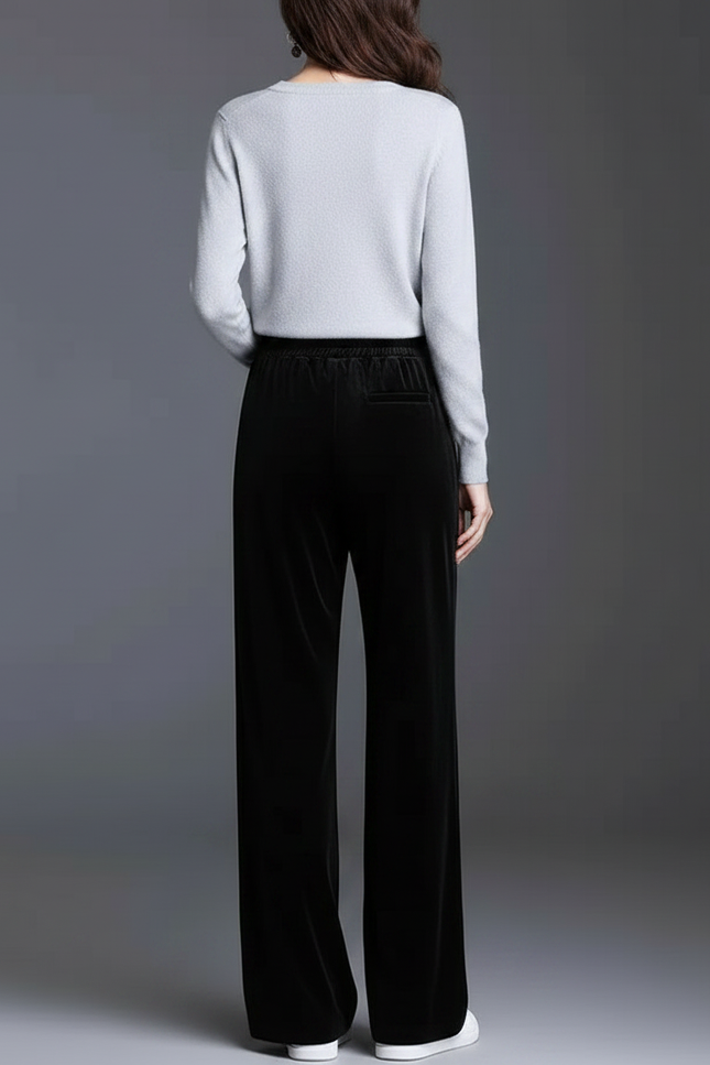 Pantalon Japonais Velours Noir Ample Taille Haute Droit - vue 2