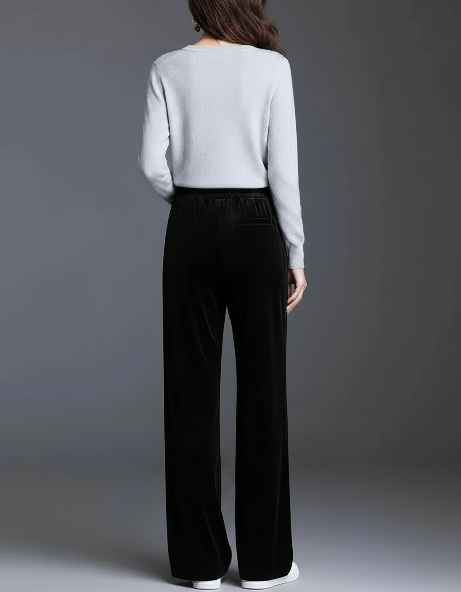 Pantalon Japonais Velours Noir Ample Taille Haute Droit - vue 2