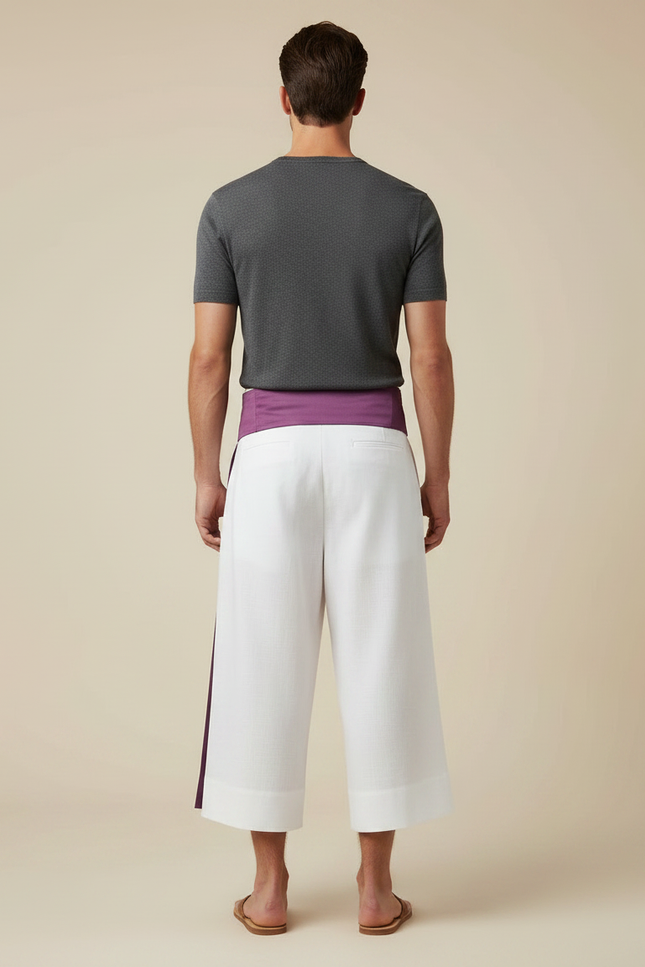 Pantalon Japonais Blanc Large Ceinture Violette Homme - Lin - vue 2