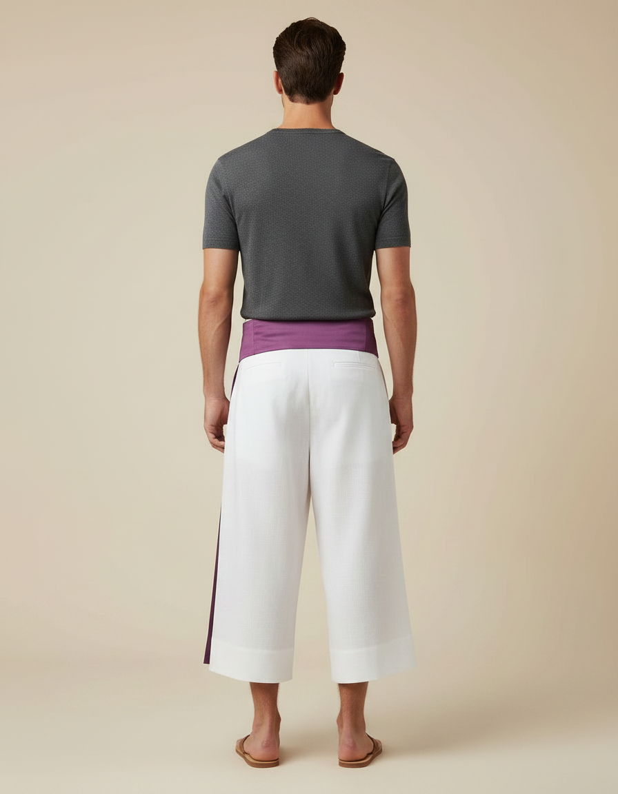 Pantalon Japonais Blanc Large Ceinture Violette Homme - Lin - vue 2