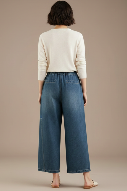 Pantalon Japonais Denim Ample Taille Haute Décontracté - Bleu Jean - vue 2