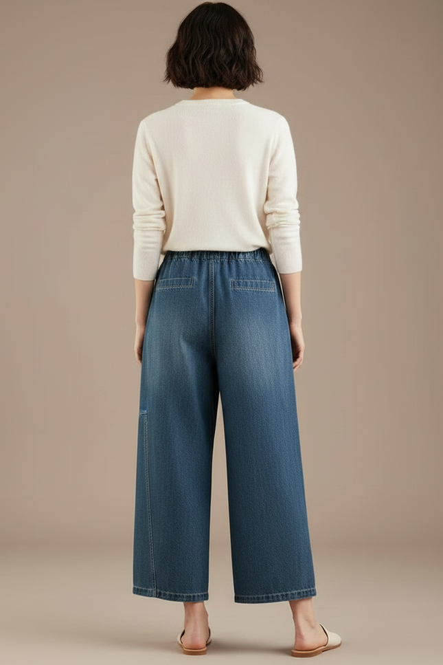 Pantalon Japonais Denim Ample Taille Haute Décontracté - Bleu Jean - vue 2
