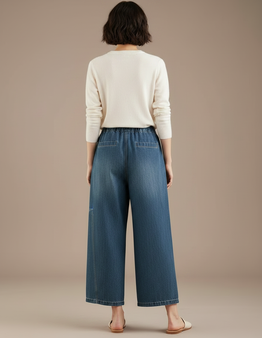 Pantalon Japonais Denim Ample Taille Haute Décontracté - Bleu Jean - vue 2